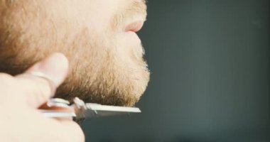 Mans mustache is trimmed with scissors. Close-up, front view, chin and face. Concept of barbershop, hairdresser, mustache care, male beauty, professions. High quality 4k footage