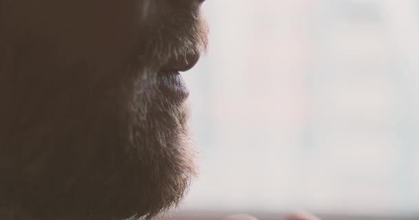 Young Man Strokes His Beard Close Face Side View Shadow — Stok video