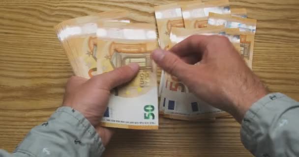 Mens Hands Count Money Cash Euro Top View First Person — Stock Video