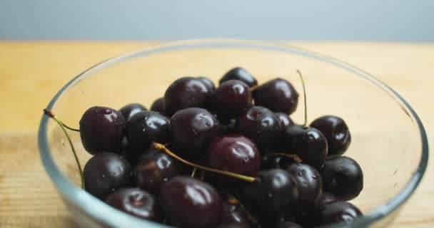 Glass Plate Cherries Hand Reports Last Cherry Top Close Indoors — Video Stock