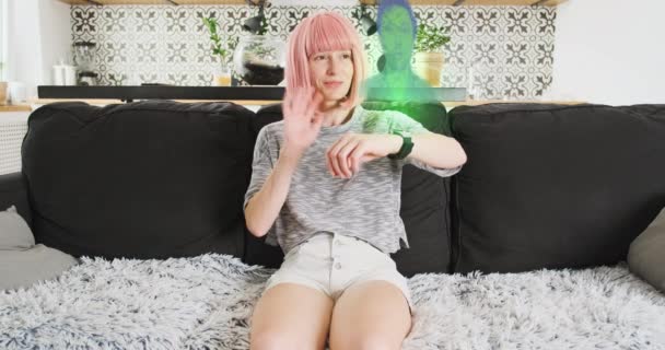 Female Communicates Video Call Hologram Man Smart Watch His Arm — ストック動画