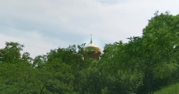 Golden Dome Church Green Foliage Trees Daytime Wide Shot High — Stockvideo