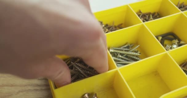 Mans Hand Picks Lot Screws Plastic Set Self Tapping Screws — Vídeos de Stock