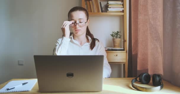 Young Woman Tired Working Computer Tired Eyes Takes His Glasses — Stock video