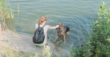 Girl helps the dog to get to the shore. A slippery concrete slab, the German Shepherd cannot climb out of the water on its own. High quality 4k footage