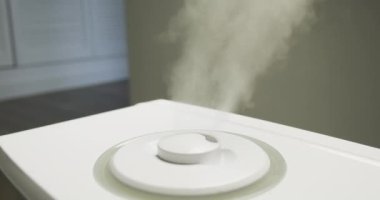 Side view of a working humidifier. White steam rises. The concept of clean air in the apartment, health care, demonstration of work. High quality 4k footage