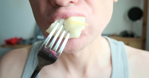 Man Eats Pear Fork Close Lower Face Mouth Concept Vegetarianism — Stockvideo