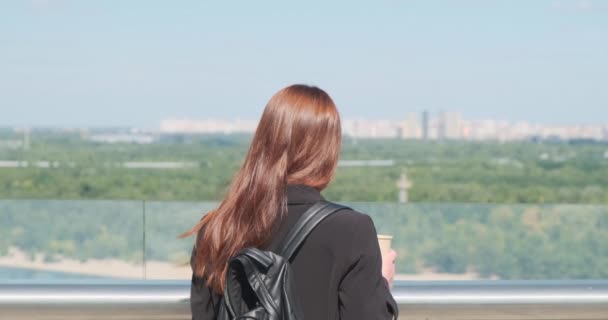 Mujer Pelo Largo Rojo Mira Panorama Ciudad Vista Trasera Hora — Vídeos de Stock