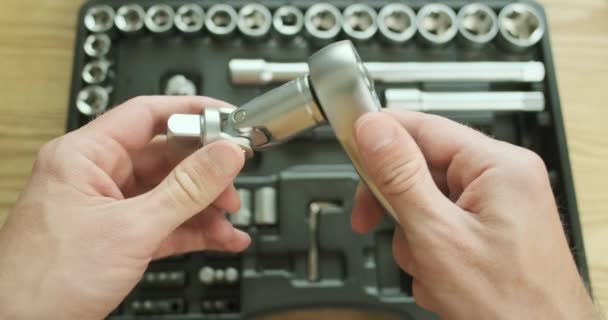 Mechanic Disconnects Adapter Ratchet Puts Everything Plastic Case Tool Kit — Stock Video