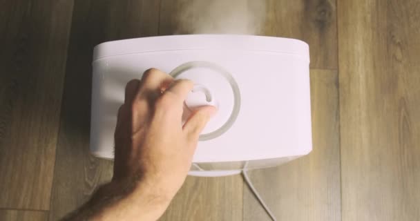 Mans Hand Changes Direction Air Purifier Nozzle Top View Pov — Stock Video
