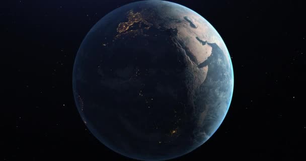 Câmara Aproxima Planeta Terra Rotação Espaço Meio Iluminada Vfx Sombra — Vídeo de Stock
