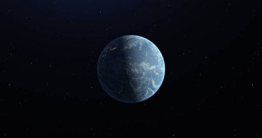 Uzayda dönen gezegen. Gezegenin yarısı aydınlık, karanlık tarafta evlerden gelen ışık var. Yıldızlı gökyüzü. Gece gündüz değişen konsept. Yüksek kaliteli illüstrasyon