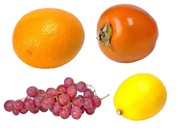 Sinaasappel Persimmon Citroen Druiven Een Witte Achtergrond — Stockfoto