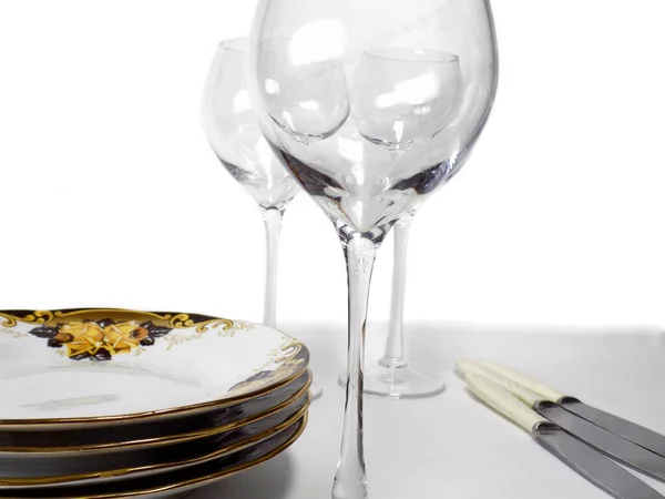 Glass Goblets Plates Knives Table Setting — Stock Photo, Image