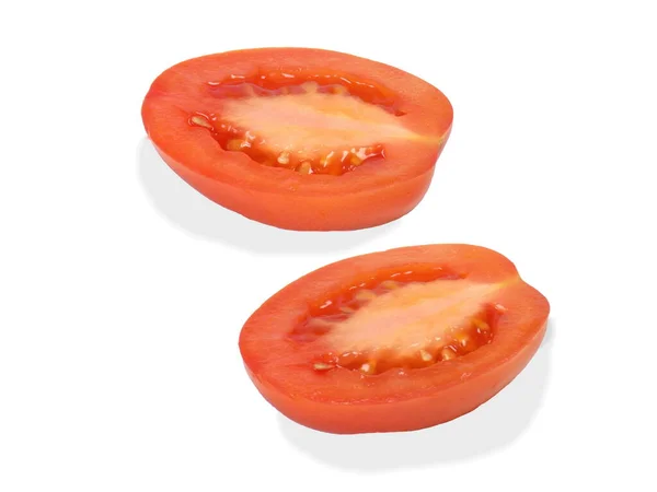 Tomat Skuren Två Halvor Isolerad Vit Bakgrund — Stockfoto