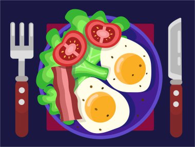 Tabakta kahvaltı ya da öğle ya da akşam yemeği var: domatesli omlet, pastırma, şifalı otlar ve baharatlar. Yakınlarda bir çatal ve bıçak var. Vektör grafikleri.