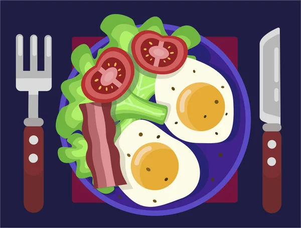 Plato Está Desayuno Almuerzo Cena Huevos Revueltos Con Tomates Tocino — Vector de stock
