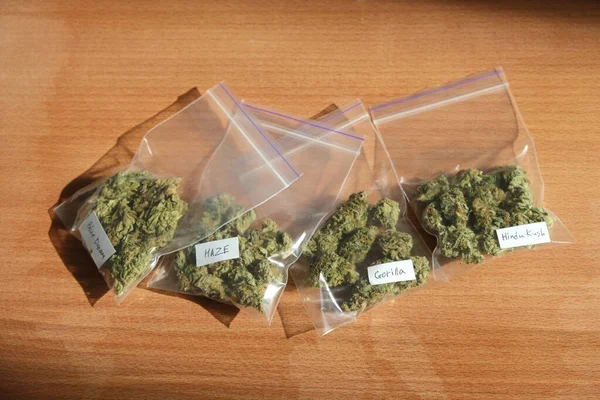 Brotes Cannabis Secos Bolsas Plástico Sobre Una Mesa Madera Fondo — Foto de Stock