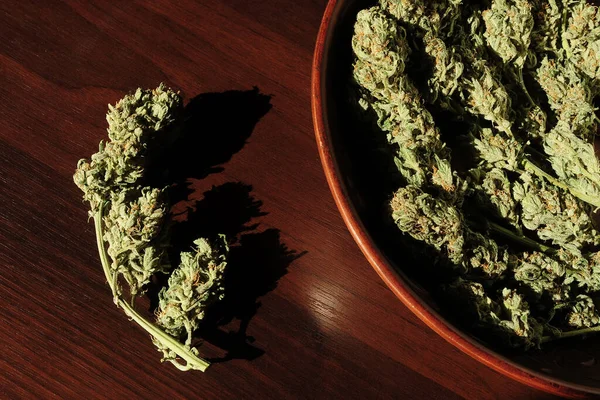 マリファナの芽の貯蔵 茶色の木製の背景に医学大麻の開花 隔離された 麻のレクリエーション 医療利用 成長の概念 — ストック写真