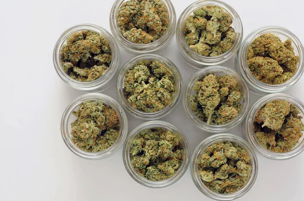 Secado Curado Cannabis Brotes Marihuana Frascos Vidrio Contenedor Ecológico Concepto — Foto de Stock