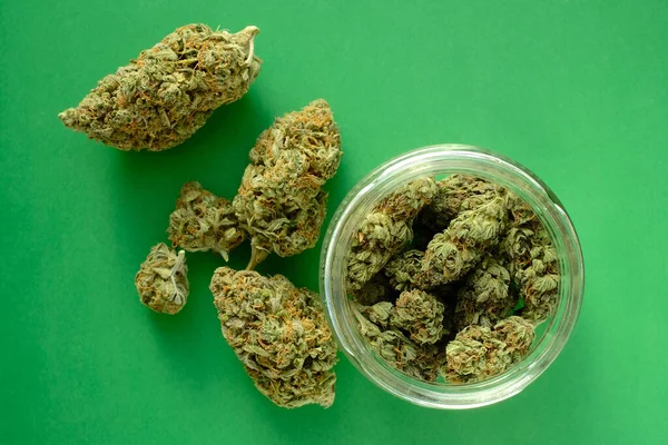 Primer Plano Brotes Cannabis Cbd Frasco Vidrio Vista Macro Marihuana — Foto de Stock