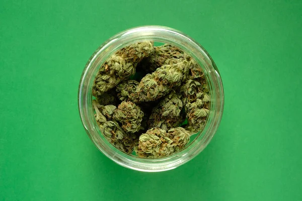 Close Cbd Cannabis Buds Glass Jar Macro View Medicinal Marijuana — Stock Photo, Image