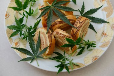 Beyaz tabakta marihuana yağıyla tatlı rulo. Kenevir mutfağı. Lezzetli tatlı düzeni, üst manzara yakın.