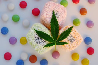 Yeşil kenevir yaprağıyla Türk lezzeti ve renkli şekerleme konfetisi. Beyaz arka planda CBD yağlı marihuana tatlısı düzeni. Üst manzara, düz uzanma.