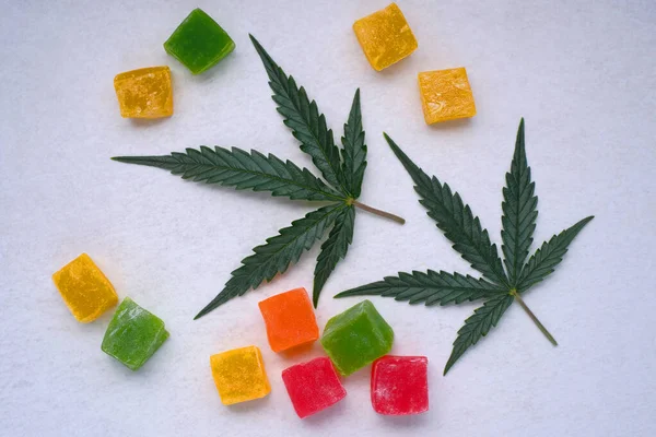 Renkli marmelat ve marihuana yaprağının beyaz dokulu arka planı. CBD yağlı tatlılar. Üst manzara, düz uzanma.