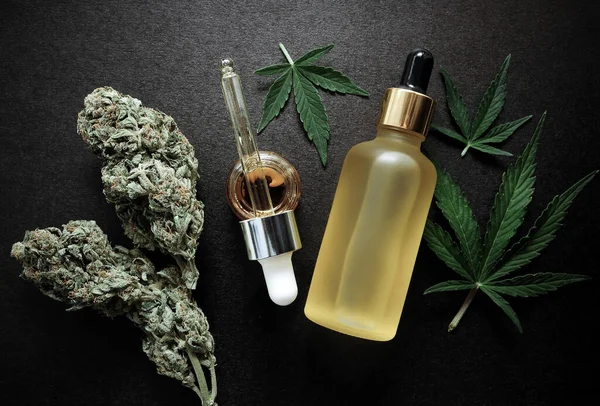 Marihuana Extrakt Der Kosmetologie Cannabisblüten Cbd Bio Kosmetik Flache Lage — Stockfoto