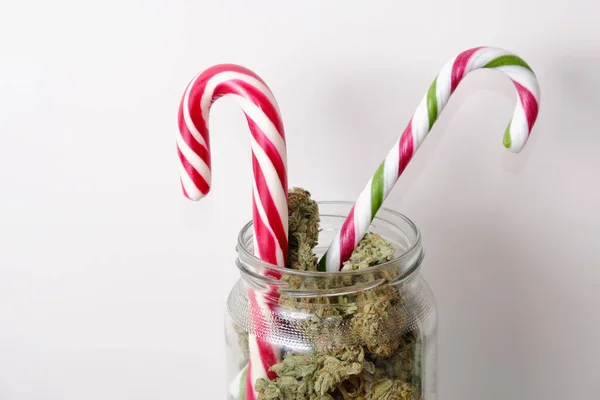 Séchage Fleurs Chanvre Bourgeons Cannabis Sucettes Noël Sur Fond Blanc Photos De Stock Libres De Droits