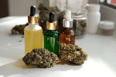 CBC yağlı esrar tomurcukları. Marihuana özü kozmetolojide. Ev rahatlaması, spa eğlencesi, eğlence terapisi..