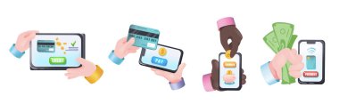Çevrimiçi bankacılık grafik kavramları ayarlandı. İnsan eli tableti tutuyor, ödeme için kredi kartı, nakit servisiyle online başvuru. 3d gerçekçi nesnelerle vektör illüstrasyonu