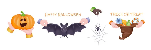 Halloween grafica concetto mani impostate. Le mani umane tengono la zucca raccapricciante, il pipistrello spaventoso, il ragno in tela, il cappello con caramelle e caramelle. Simboli di festa. Illustrazione vettoriale con oggetti realistici 3d — Vettoriale Stock