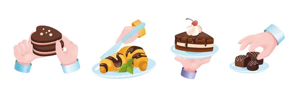 甜食图形概念手设置.手握巧克力饼干，羊角面包，奶油蛋糕，樱桃，糖果。糖果，糕点菜单。带有3D现实对象的矢量说明 — 图库矢量图片