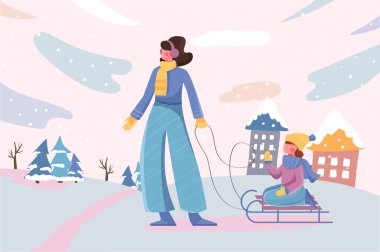 Mutlu kış aile aktiviteleri afişleri. Anne ve kızı şehirde kızak kayıyor ve kar yağıyor. Sezonluk eğlence afişi. Düz çizgi film tasarımında arkaplan veya pankart için vektör illüstrasyonu