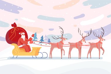 Mutlu noeller. Noel Baba kışın orman arka planında ren geyiği tarafından çekilen kızakta oturur. Sezonluk eğlence afişi. Düz çizgi film tasarımında arkaplan veya pankart için vektör illüstrasyonu