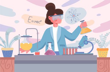 Laboratuvar afişi. Kadın bilim adamı laboratuvar geçmişinde mataralarda testler yapıyor. Profesyonel ekipman posteri üzerine bilimsel araştırma. Düz çizgi film tasarımında arkaplan veya pankart için vektör illüstrasyonu