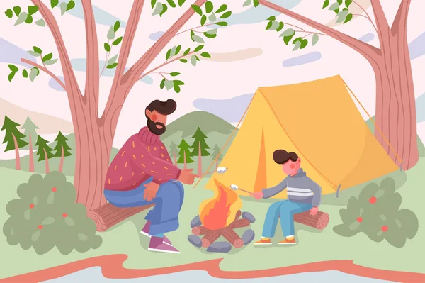 Banner de camping familiar. Padre e hijo descansando con tienda de campaña, cocinando comida en fogata en el fondo del bosque.Cartel de recreación al aire libre. Ilustración vectorial para telón de fondo o cartel en diseño plano de dibujos animados — Vector de stock