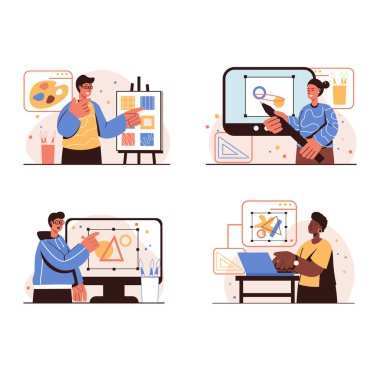 Tasarım stüdyosu insanları izole sahne seti. Kadın ve erkek tasarımcılar ya da çiziciler soyut sanatlar çiziyor, grafik unsurlar yaratıyor, ofiste dijital tablolar yapıyor. Düz tasarımda vektör illüstrasyonu