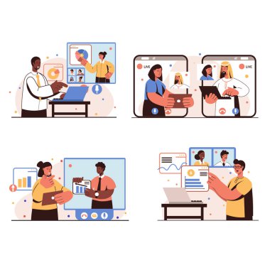 Video iş konferansı insanları izole edilmiş sahneler konsepti. Erkekler ve kadınlar iş arkadaşlarıyla video görüşmeleri, mali rapor hazırlama, çevrimiçi eğitim konularını tartışırlar. Düz tasarımda vektör illüstrasyonu