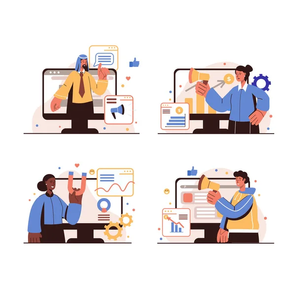 Concepto de marketing digital conjunto de escenas aisladas. Hombres y mujeres hacen campañas publicitarias, atraen nuevos clientes, los vendedores promueven los negocios en las redes sociales. Ilustración vectorial en diseño plano — Vector de stock