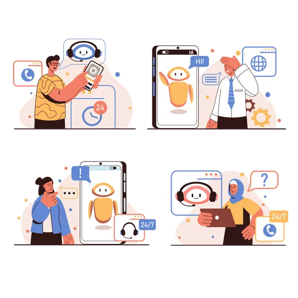 Asistente virtual concepto de personas escenas aisladas conjunto. Hombres y mujeres de contacto de apoyo y resolver sus problemas mediante la comunicación con el chatbot en la aplicación móvil. Ilustración vectorial en diseño plano — Vector de stock