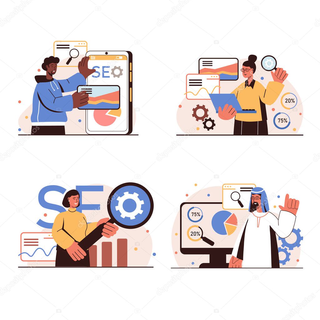 Seo analysis people concept isolated scenes set. Men and women optimize website for search engines, customize, increase speed and position, increase traffic. Vector illustration in flat design