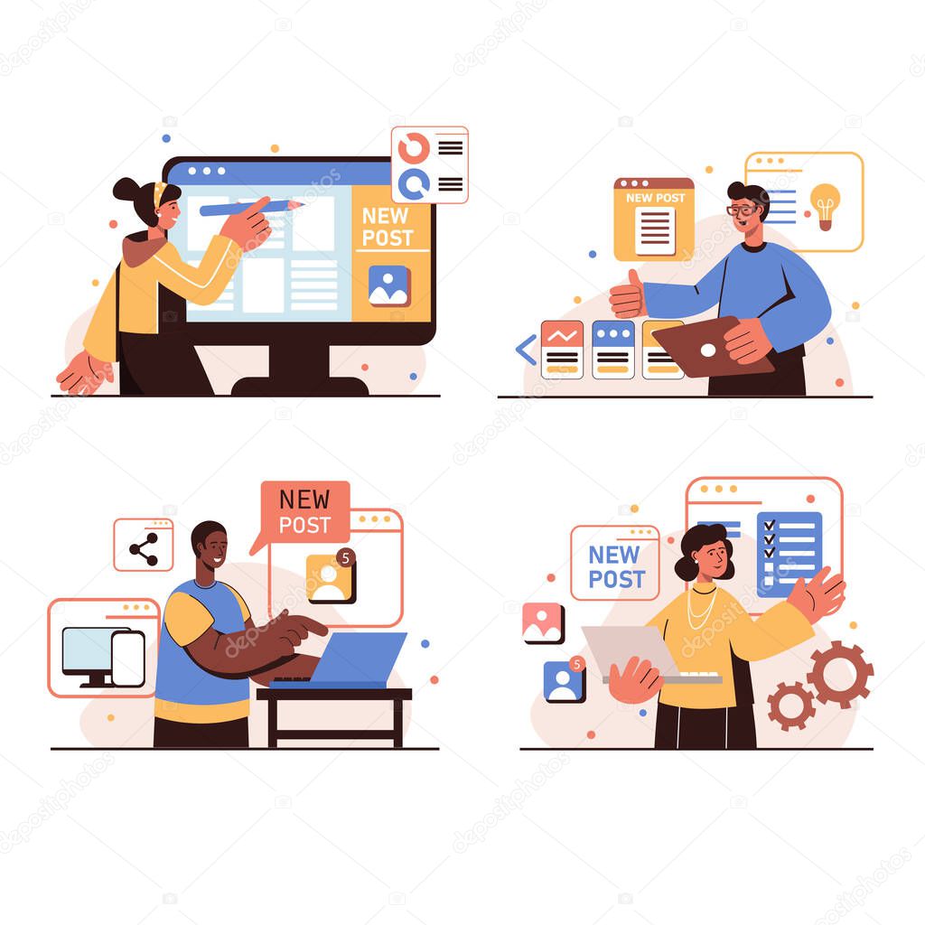 Content manager people concept isolated scenes set. Men and women create texts and graphics for web pages, create content plan, post new posts at online blog. Vector illustration in flat design