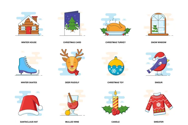 Christmas web concept stroke flat line icons isolated set. Holiday celebration bundle. Graphic linear symbols collection for website design. Vector conceptual pack outline pictograms for mobile app — Stock Vector