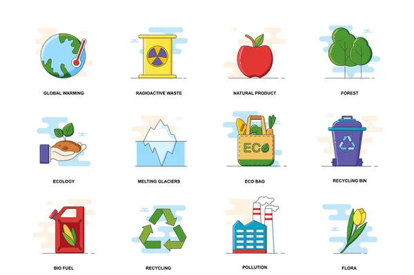 Ecologie web concept course ligne plate icônes ensemble isolé. Climat, ensemble de recyclage des déchets. Collection de symboles linéaires graphiques pour la conception de sites Web. Pictogrammes conceptuels vectoriels pour application mobile — Image vectorielle