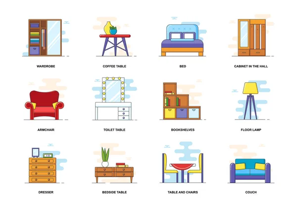 Furniture web concept stroke flat line icons isolated set. House room items bundle. Graphic linear symbols collection for website design. Vector conceptual pack outline pictograms for mobile app — Stock Vector