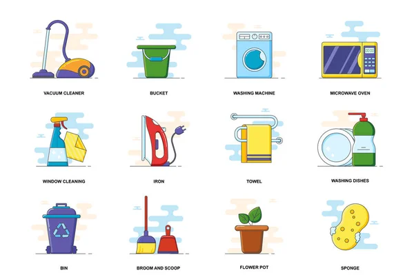 Husholdningernes web koncept slagtilfælde flad linje ikoner isoleret sæt. Husholdningsartikler bundt. Grafisk lineær symbol samling til hjemmeside design. Vektor konceptuelle pakke skitse piktogrammer til mobil app – Stock-vektor