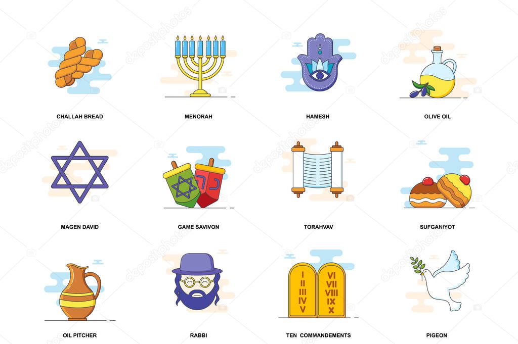 Hanukkah web concept stroke flat line icons isolated set. Holiday celebration bundle. Graphic linear symbols collection for website design. Vector conceptual pack outline pictograms for mobile app